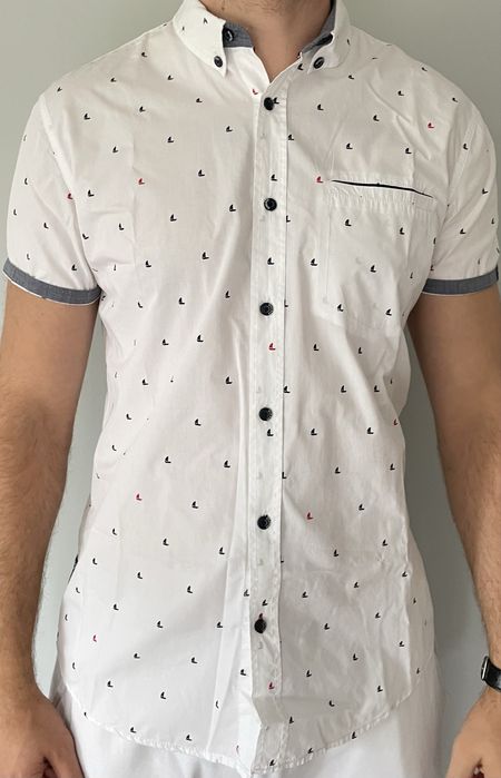 Koszula męska z krótkim rękawem biała w żaglówki Diverse slim fit L 40