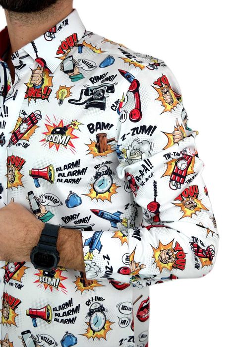DANIEL BESSI Koszula Męska Fb042 Biała, KOMIKS Kolorowy, Wesoła