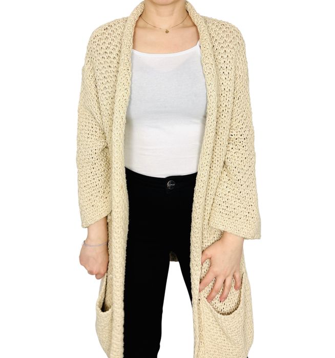 Beżowy długi kardigan z kieszeniami M 38