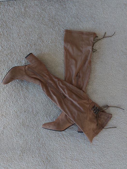 Buty kozaki muszkieterki czekoladowe brąz za kolano 39