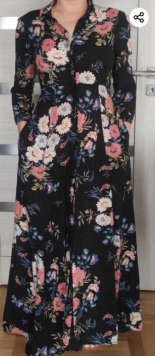 Zara Premium  sukienka  M 38 czarna kwiaty musi maxi długa