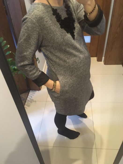 Szara sukienka S/M/L ciepla ciążowa z kieszeniami piękna wygodna