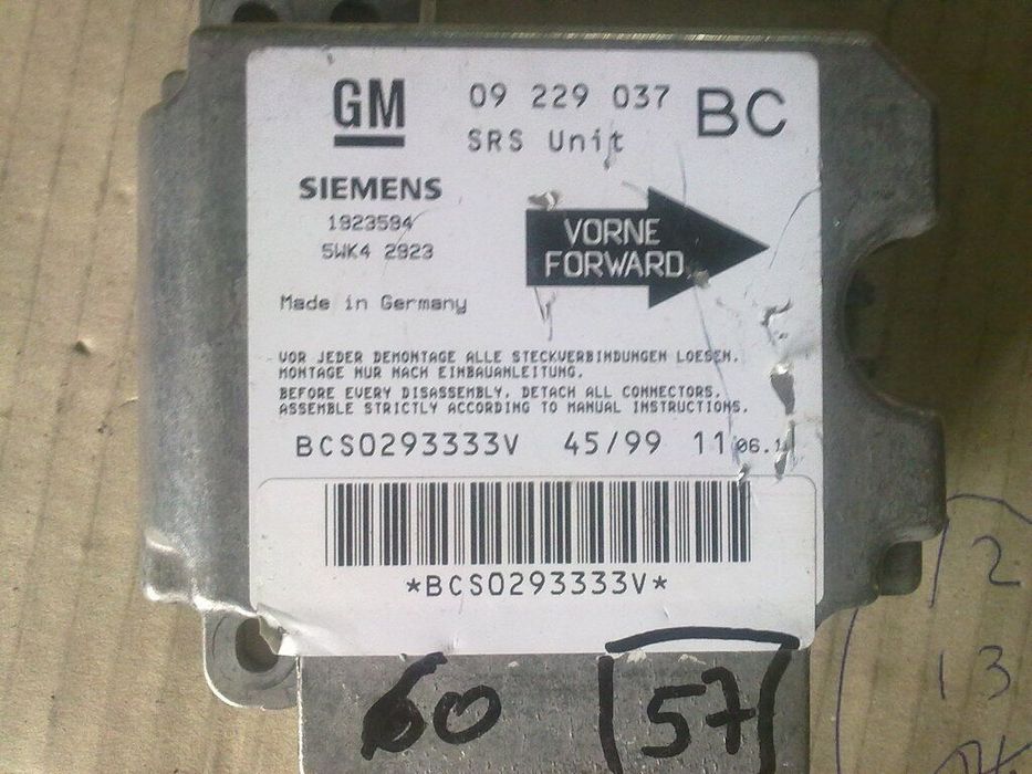 Modulo Airbag 09229037 OPEL ZAFIRA OPEL ASTRA G CARAVAN 1999 2.0DI 82CV 5P PRETO