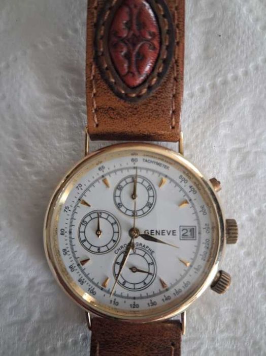 Złoty zegarek GENEVE Chronographe 14K / 585 - Kwarc - Nowy pasek
