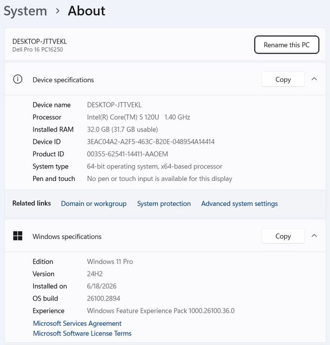 Dell Pro 16 PC16250 Ultra 5 120U /32 Ram/ 512/FHD+