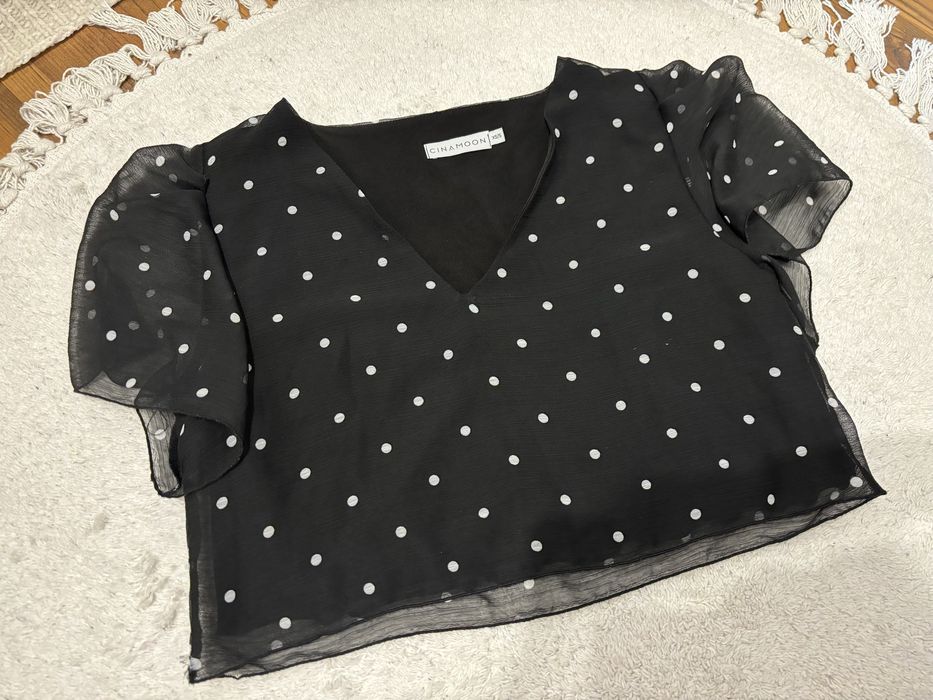 Czarny top w kropki groszki biale cinamoon xs/s