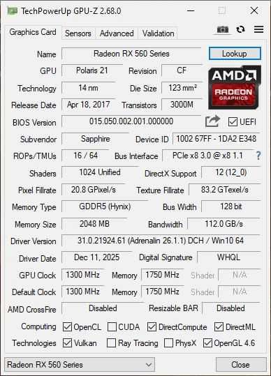 Sapphire PCI-Ex Radeon RX 560 Pulse OC 2GB GDDR5 (128bit)