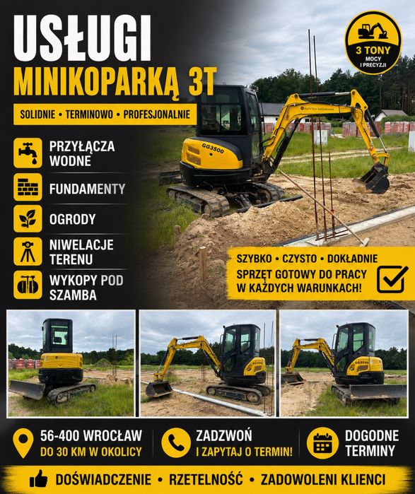 Minikoparka 3T | Fundamenty | Przyłącza Wodne | Szamba | Niwelacja Terenu