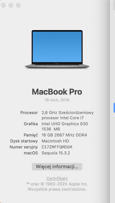 MacBook Pro 16" i7 2.6GHz, Radeon 4GB, SSD 512GB, 16GB RAM jak nowy