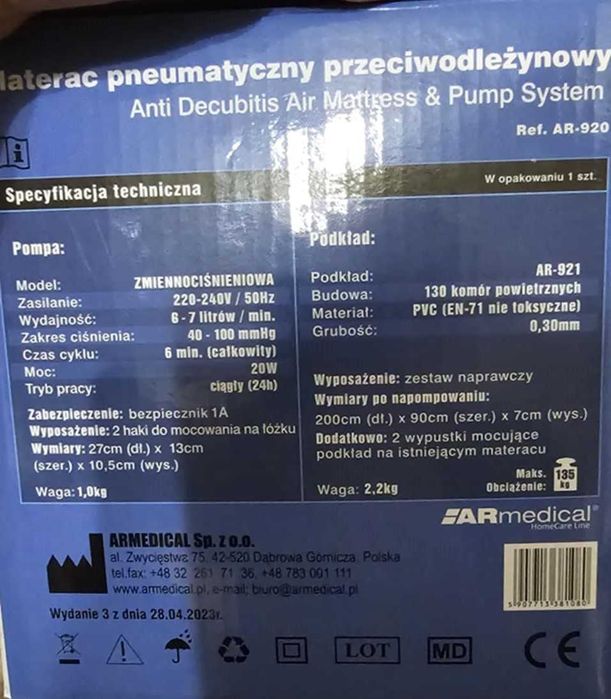 Materac przeciwodleżynowy bąbelkowy AR-920 ARMEDICAL