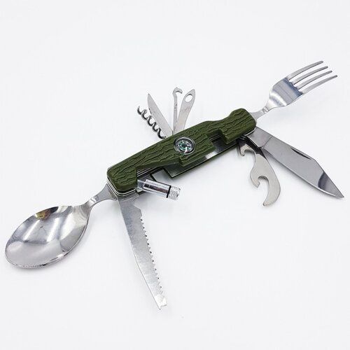 Туристический ножик роскладной с ложкой вилкой открывашкой пилкой нож