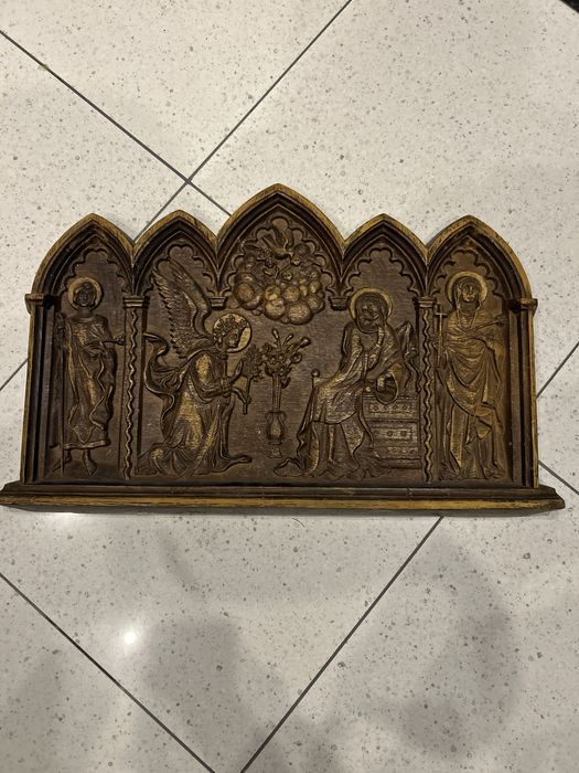 Duża drewniana płaskorzeźba sakralna Zwiastowanie 53×35 cm