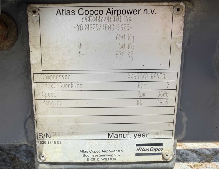 Atlas Copco XAS37 KD 2014 Compressor de Ar Rebocável
