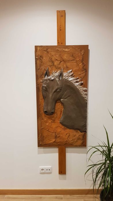 Quadro cavalo em gesso - técnica mista em alto relevo