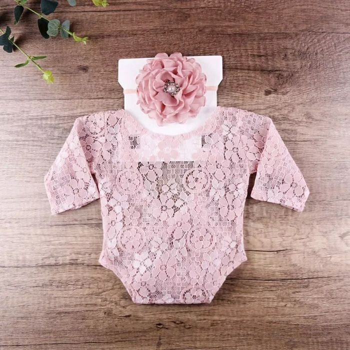 Rekwizyty do sesji zdjęciowej dla noworodka body koronkowe + opaska