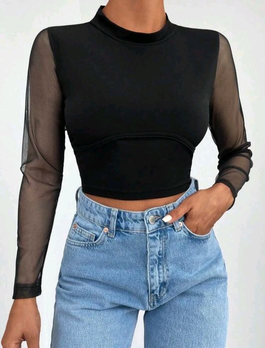 Bluzka czarna z tiulowymi rękawami Shein