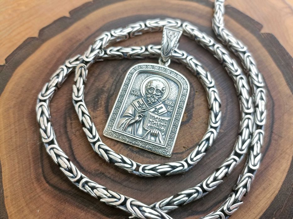 Серебряная цепочка Византия (Королевская) подвеска Николай Чудотворец