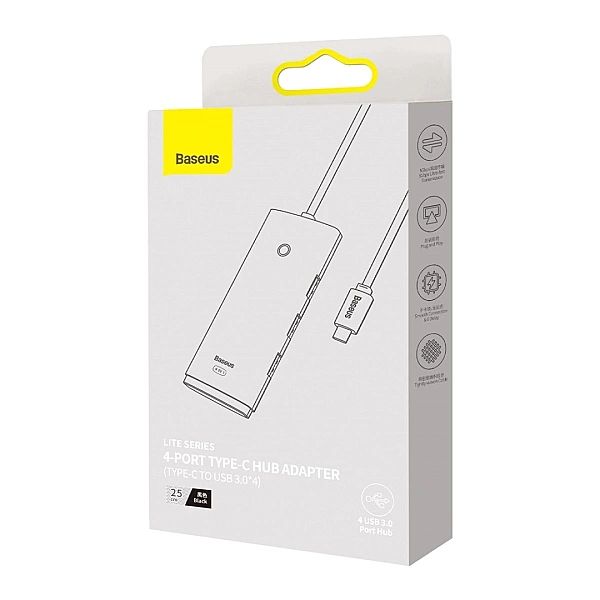 Baseus Lite Series przejściówka HUB USB Typ C - 4x USB 3.0/25cm czarny
