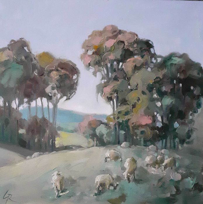 Pejzaż z owcami. Obraz olejny na płótnie. 40 x 40 cm