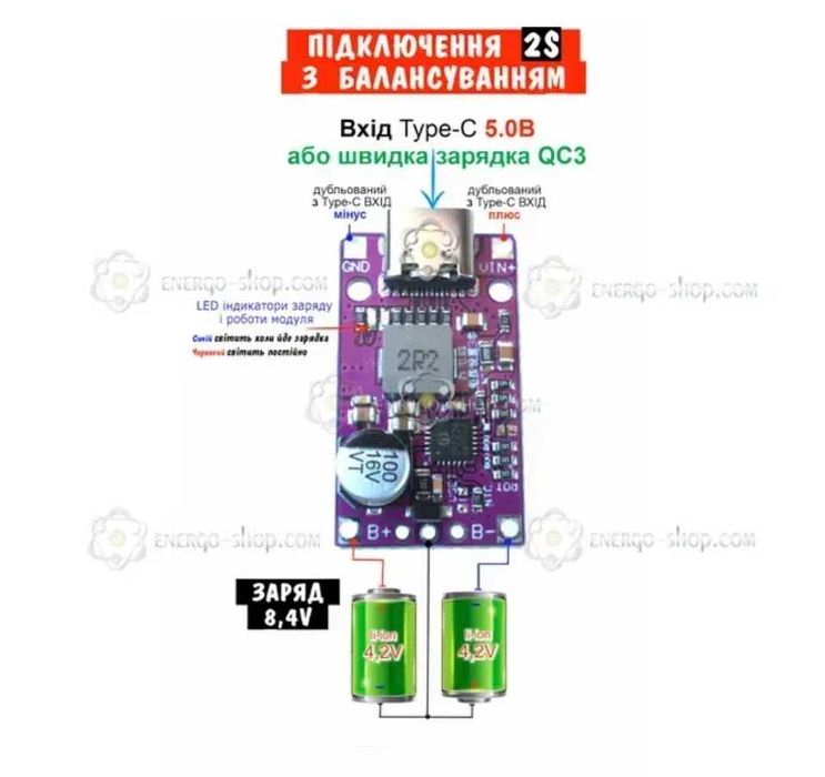 IP2326, Z-6732-V4.0 Плата зарядки АКБ 2S (8.4V) QC3.0 з балансуванням