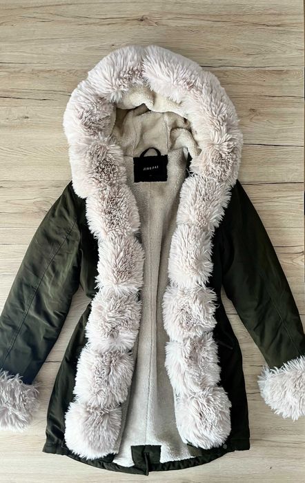 Płaszczyk kurtka zimowa z kapturem damska parka khaki Butik XL L 40 42