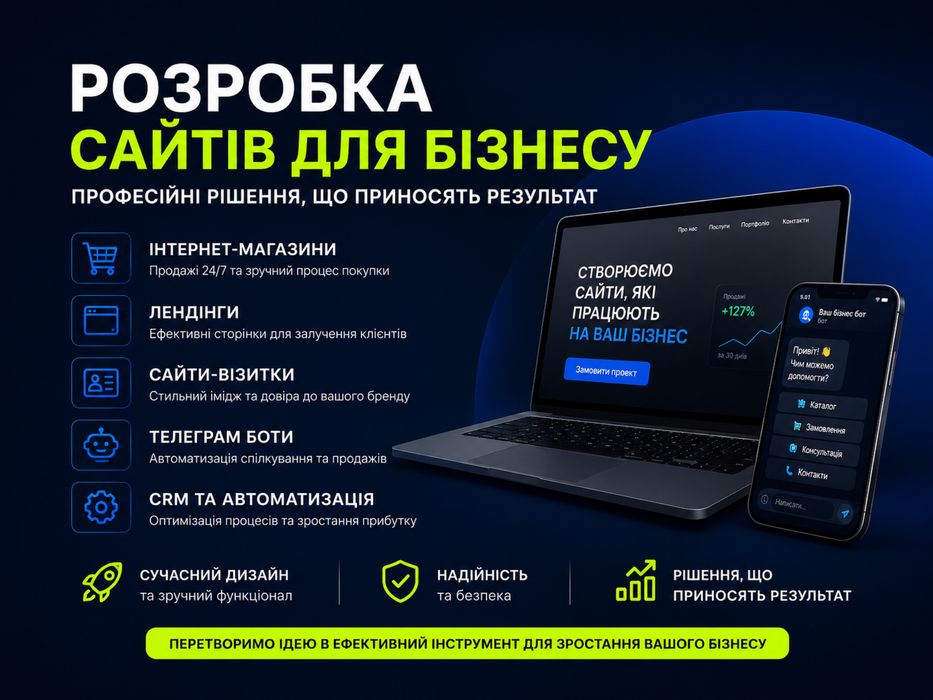 ДЕШЕВО Розробка сайтів: інтернет магазин, лендінг, Prom, кастомні або на CMS (wordpress, opencart), CRM, додавання товарів через Telegram бот