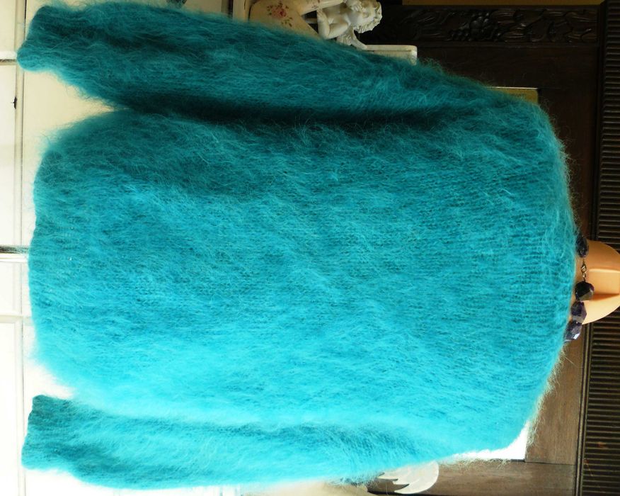 Szmaragdowy morski sweter rozpinany kardigan prawdziwy moher handmade