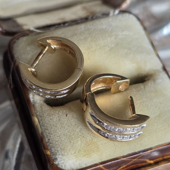 Retro Kolczyki Kółka 3.9g Diamenty 0.28ct Złoto WYCENA 6000zł