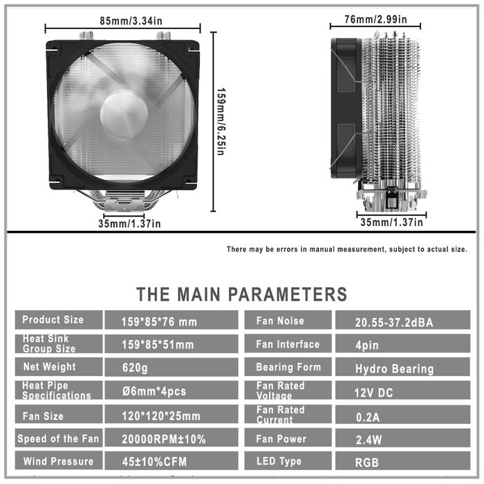 Кулер для процесора 120 мм TDP 160W RGB 4pin 4 теплотрубки AMD IWONGO