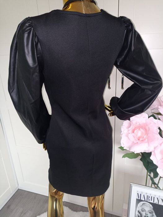 Nowa klasyczna mała czarna sukienka długie rękawy z Eco skóry R.36/38