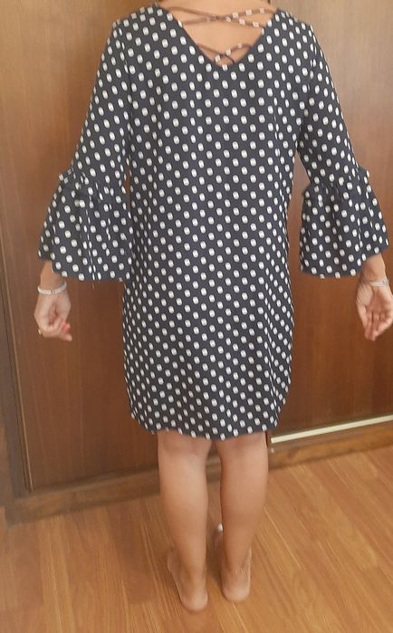 Vestido azul c bolas brancas,  M