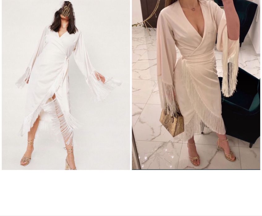 Nasty gal satynowa kopertowa sukienka midi frędzle s 36