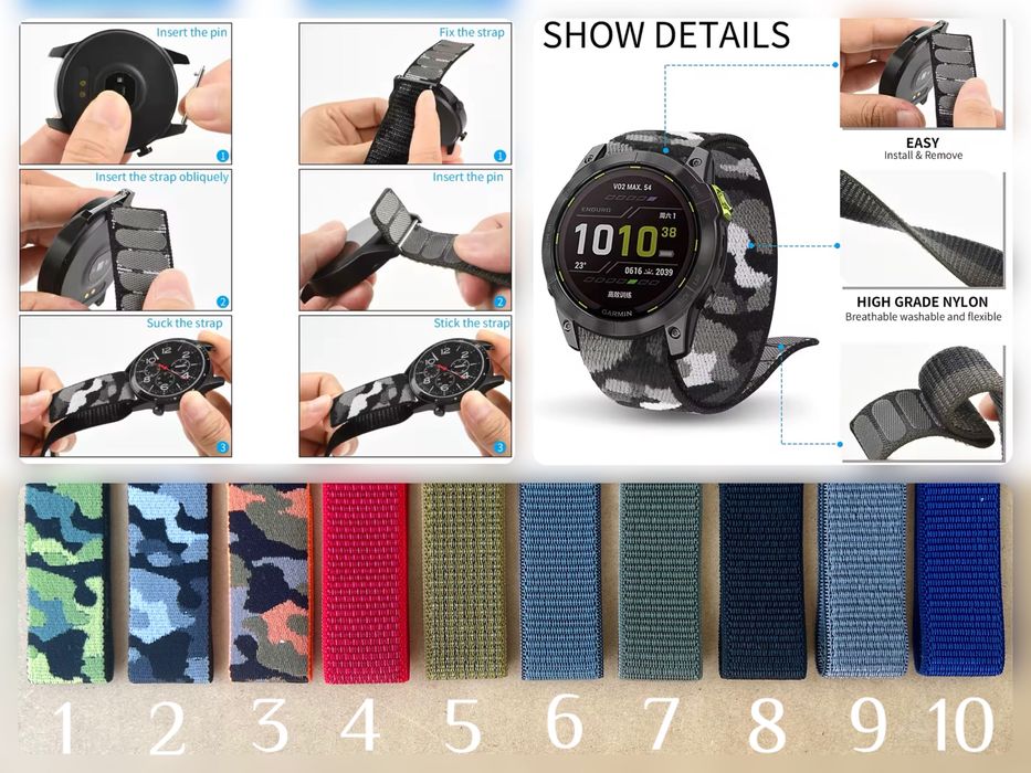 Нейлоновий браслет 20, 22, 26мм для Garmin fenix Samsung gear, Amazfit