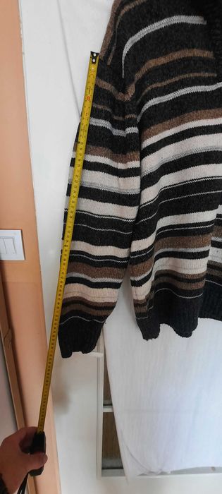 Sweter golf rozpinany Kaner paski szaro-brązowo-beżowe XXL wełna