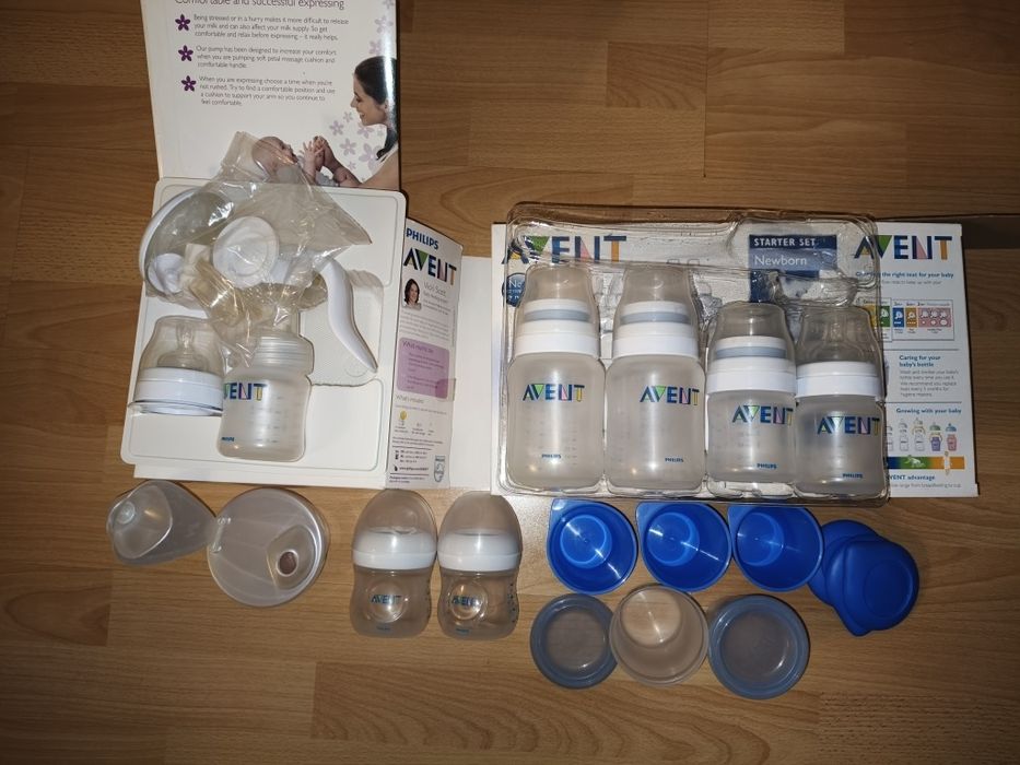 Zestaw Avent laktator, butelki, pojemniki na pokarm