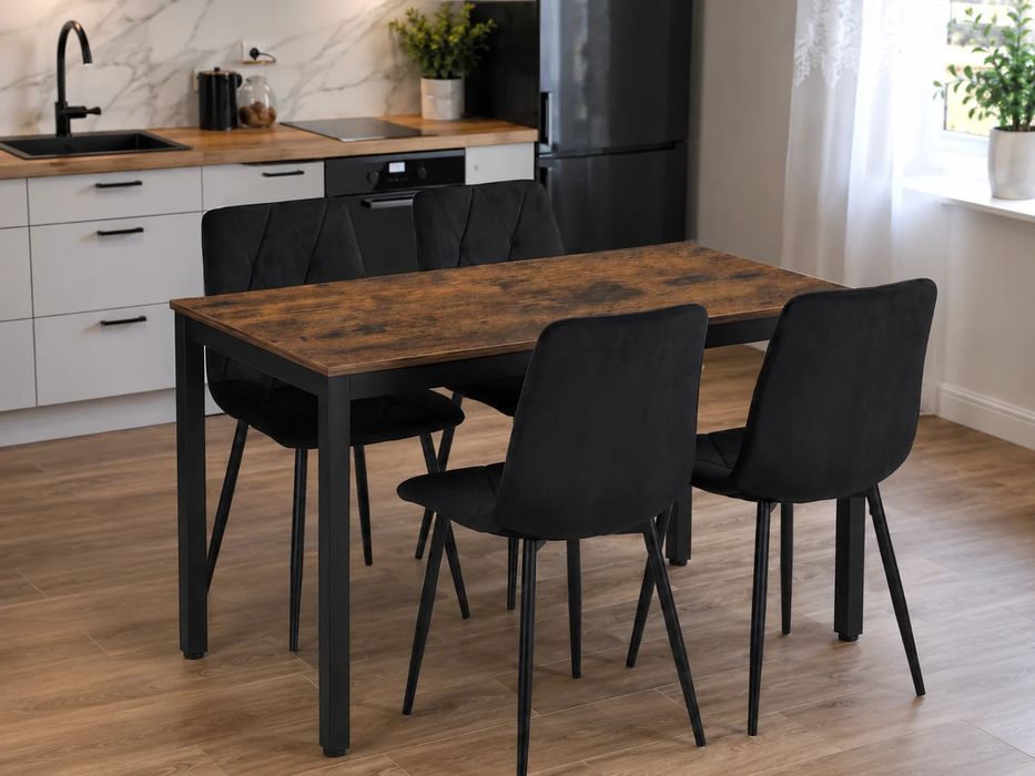 NOWY Zestaw Mebli Stół Loft 120x60 Dąb Postarzany Cztery Czarne Krzesła Tapicerowane Pikowane Do Jadalni Salonu Kuchni Industrialny Solidny OKAZJA! FV