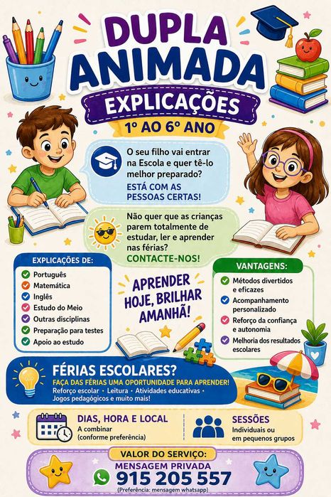 Explicações 1.º ao 6.º Ano | Preparação Escolar | Férias | Apoio ao Estudo | Ano Letivo