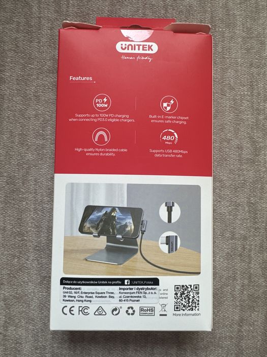 Kabel przewód 5m kątowy 90 Unitek usb-c do usb-c PD 100W czarno szary