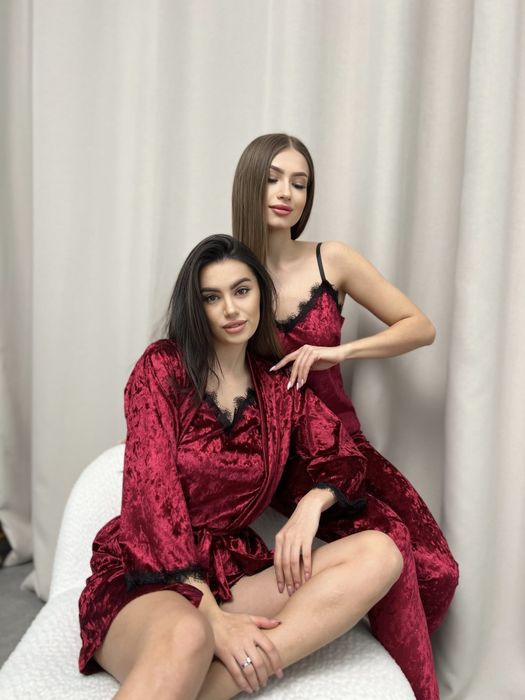 Велюрова піжама + халат набір 4ка для дому та сну  з мереживом