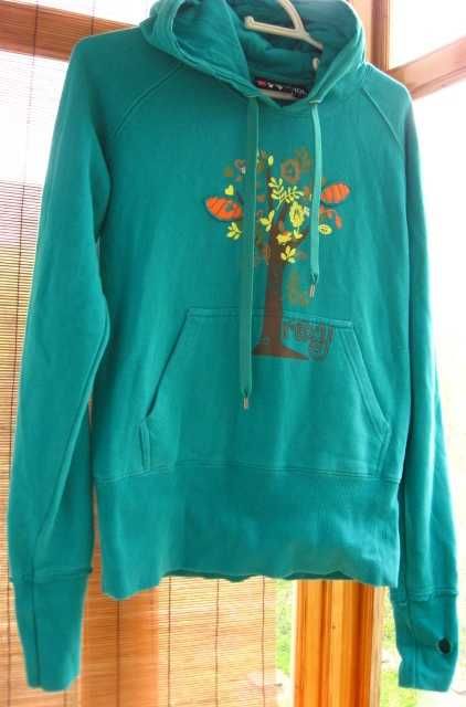 толстовка бирюзовая, митенки, капюшон, принт дерево, хлопок подростку