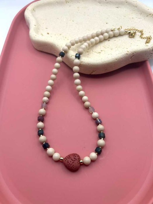 Naszyjnik handmade ~ kamień rzeczny ~ serce lawa ~ agat indyjski ~ hematyt