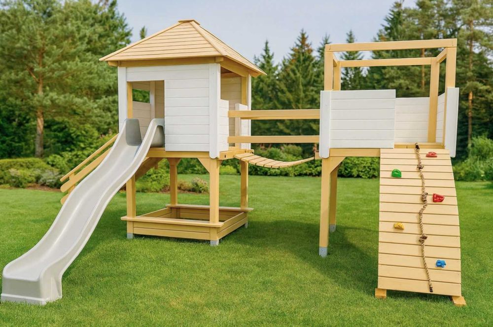 Plac zabaw drewniany domek, mostek, huśtawki, zjeżdżalnia