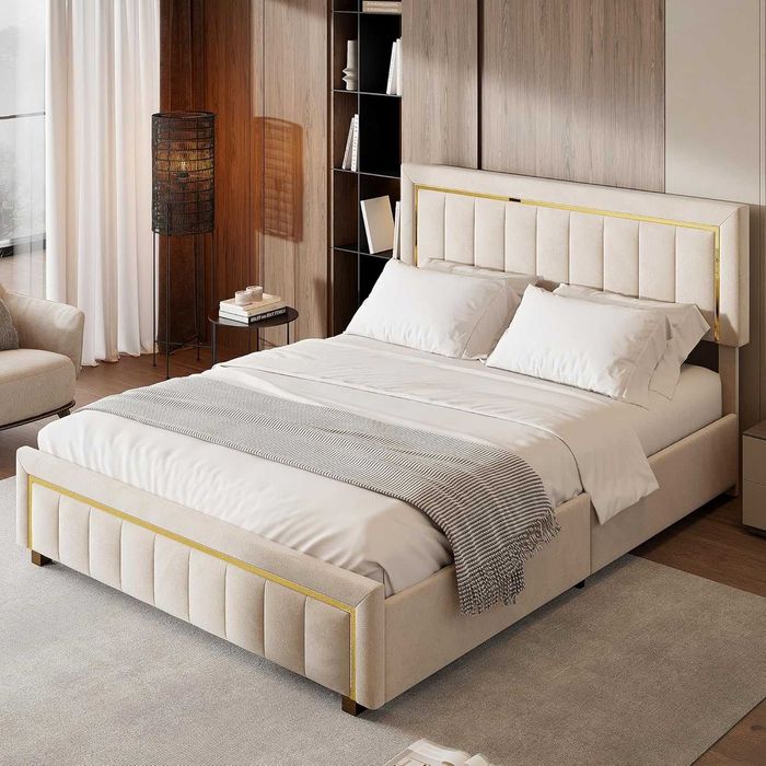 Cama c/ estrado elevatório Bege e Dourada