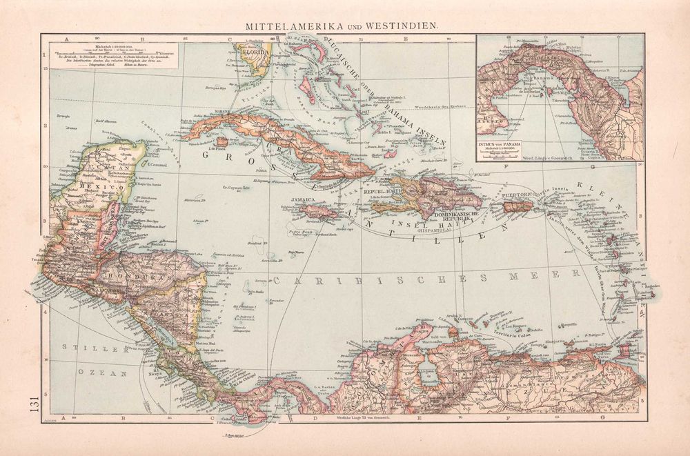 Ameryka Środkowa. Stara mapa 1895 rok autentyk