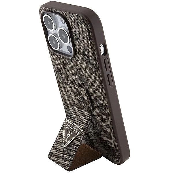 Etui Guess Grip Stand 4G Triangle Strass na iPhone 15 Pro - brązowe