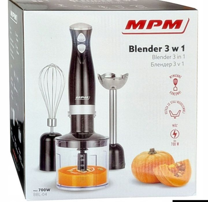 Blender Ręczny 3w1 Malakser Rozdrabniacz Ubijaczka Kubek 700W zestaw MPM