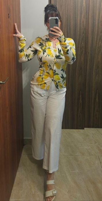 Kremowy żółty komplet sweter top Dolce Gabbana cytryny kaszmir