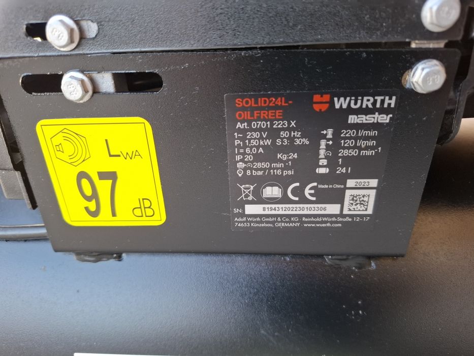Kompresor bezolejowy Wurth Sprężarka Solid 24 l, bezolejowa 24 l 8 bar