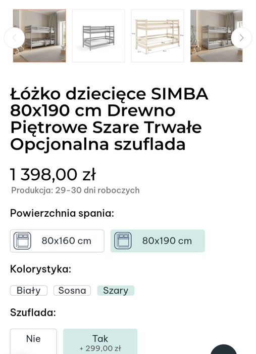 Łóżko piętrowe 80x190