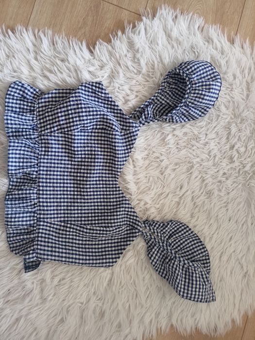 Crop top kratka pepitka ozdobny rękaw
